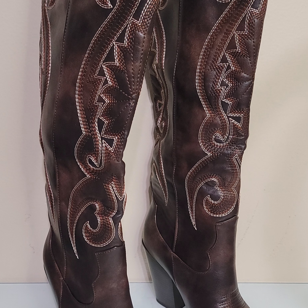 Women's Brown Embroidered Western Knee-High Boots